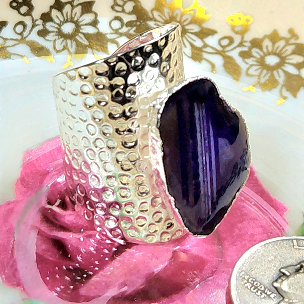 Dark Purple, Geode Druzy Ring With Wide, Textured Band.